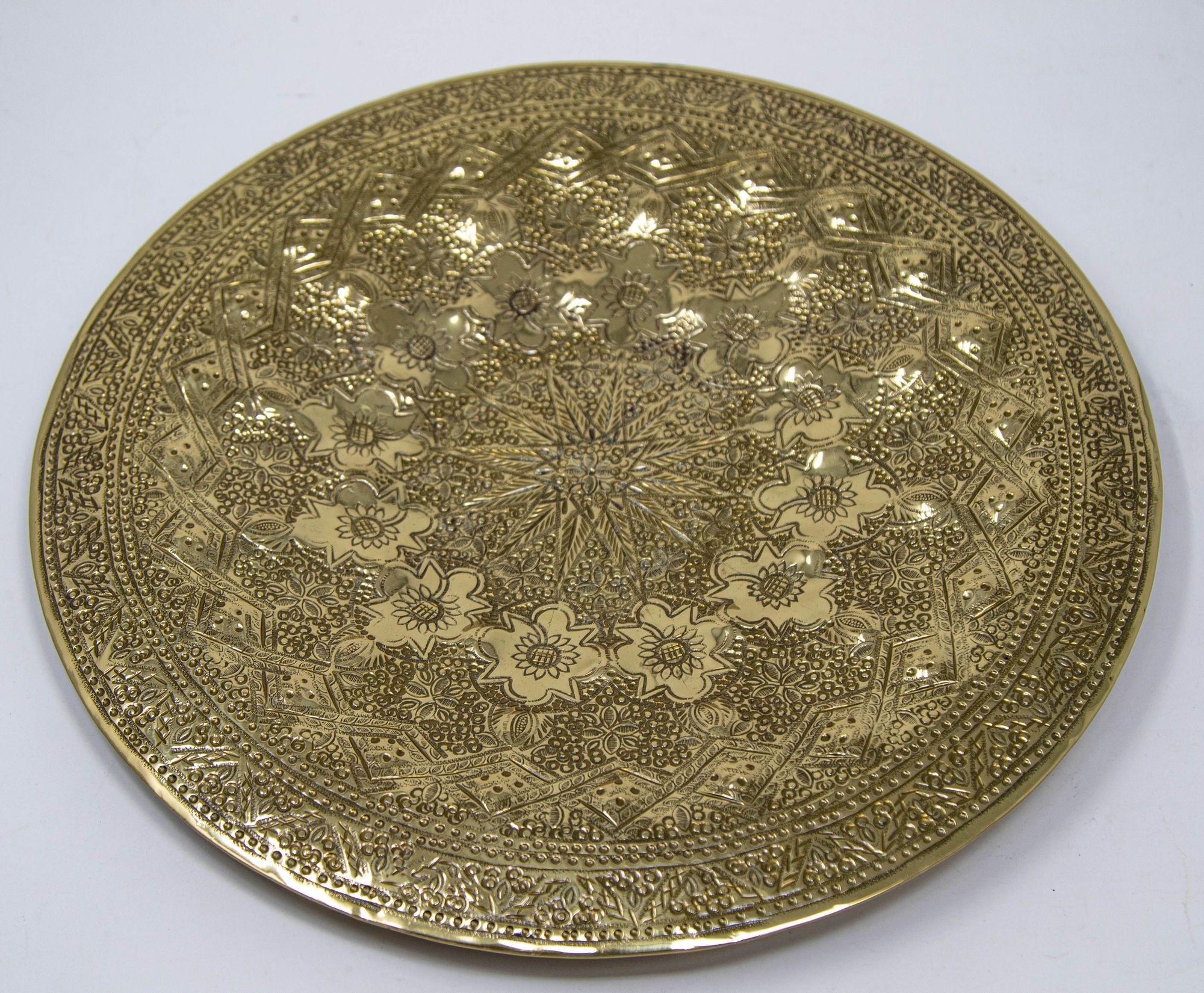 Islamic Persian Polished Brass Tray Collectible Metal Work Platter 10 inches D.