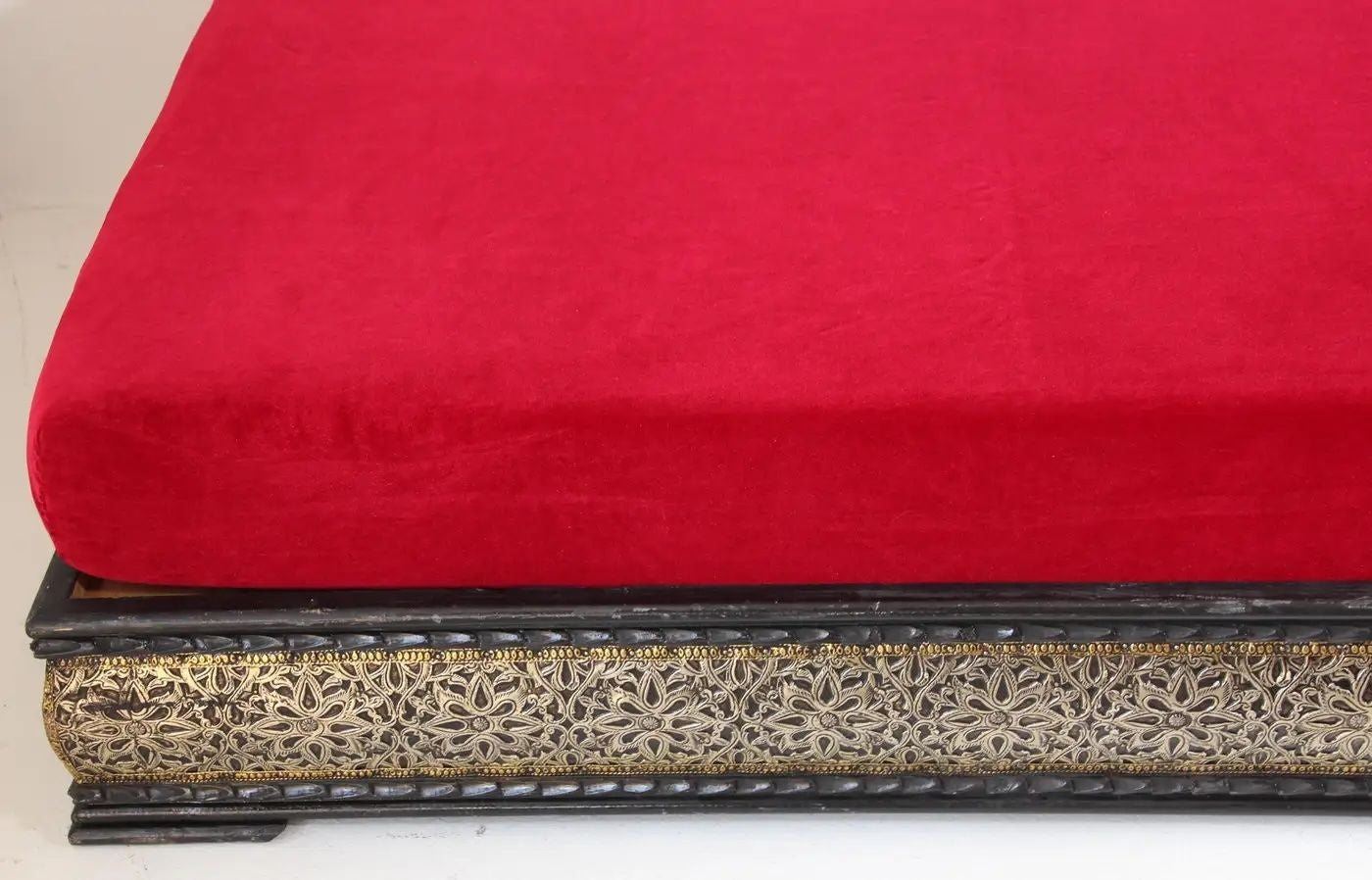 Vintage Moroccan Settee Low Bench, Day Bed with Red Cushion