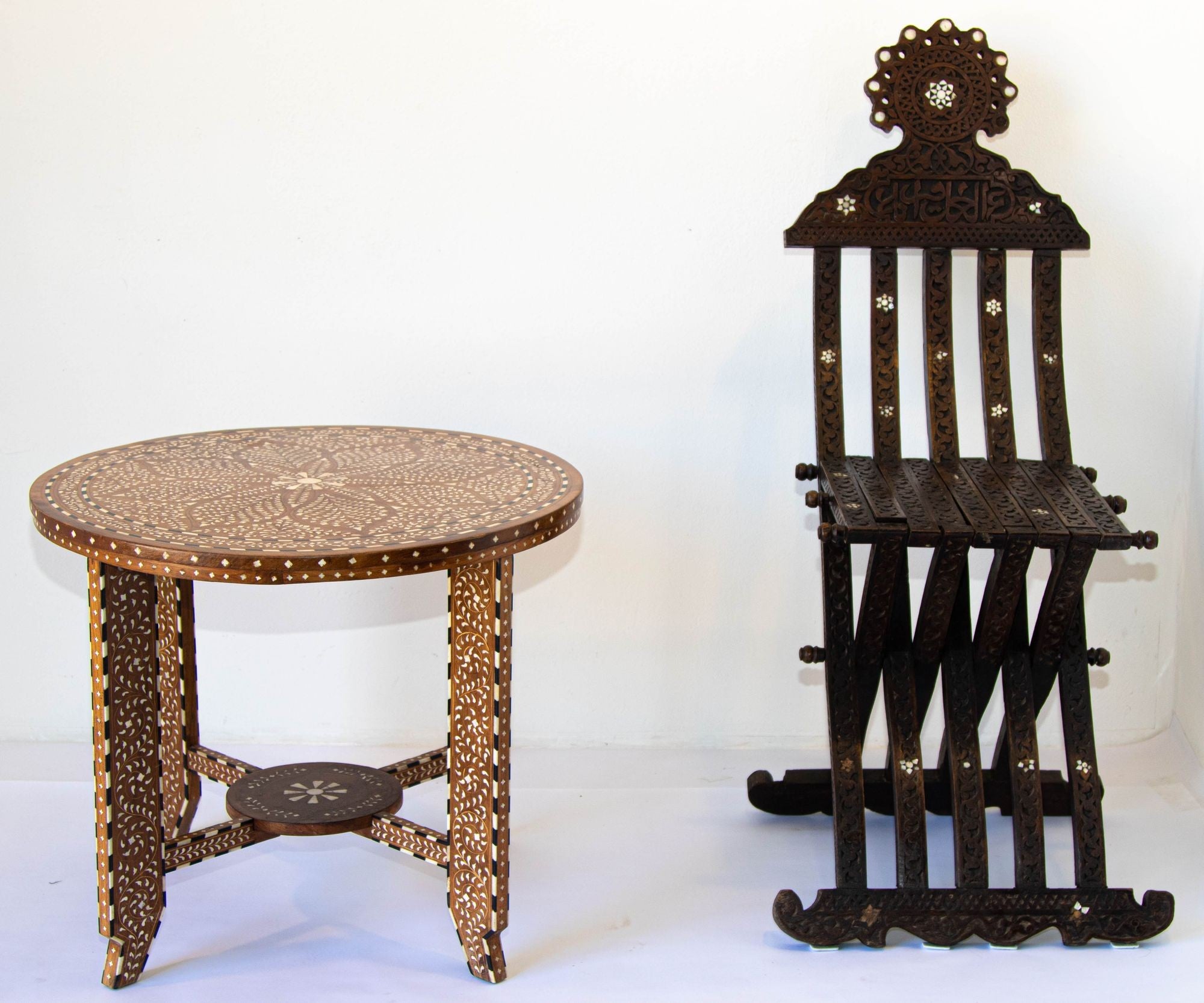 Anglo Indian Mughal Teak Wood Round Side Table with Bone Inlaid
