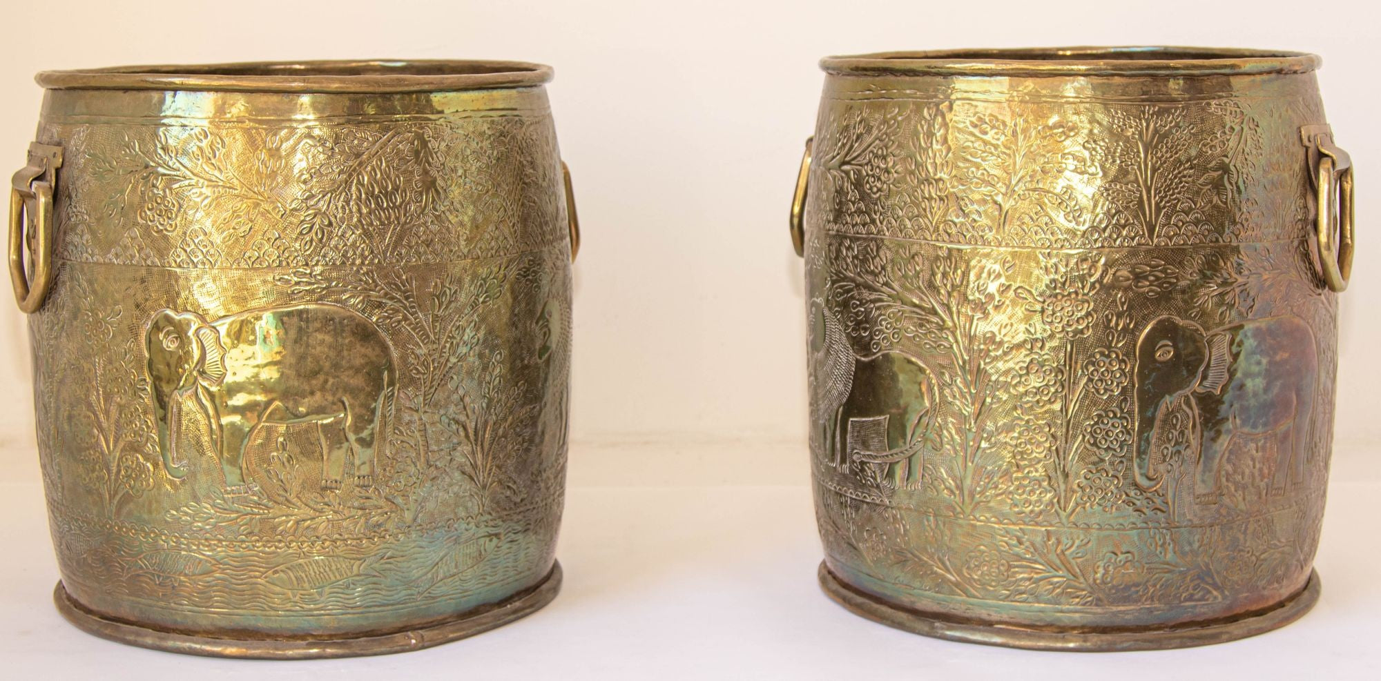 Large Vintage Polished Brass Planters Anglo Raj Hammered Jungle Design a Pair
