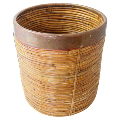 Large Rattan Bamboo Round Planter Brass Rim Italy, 1970s — Italy
