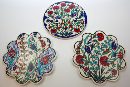 Handcrafted Turkish Iznik Style Ceramic Tiles Set of 3, Vintage, 1980s