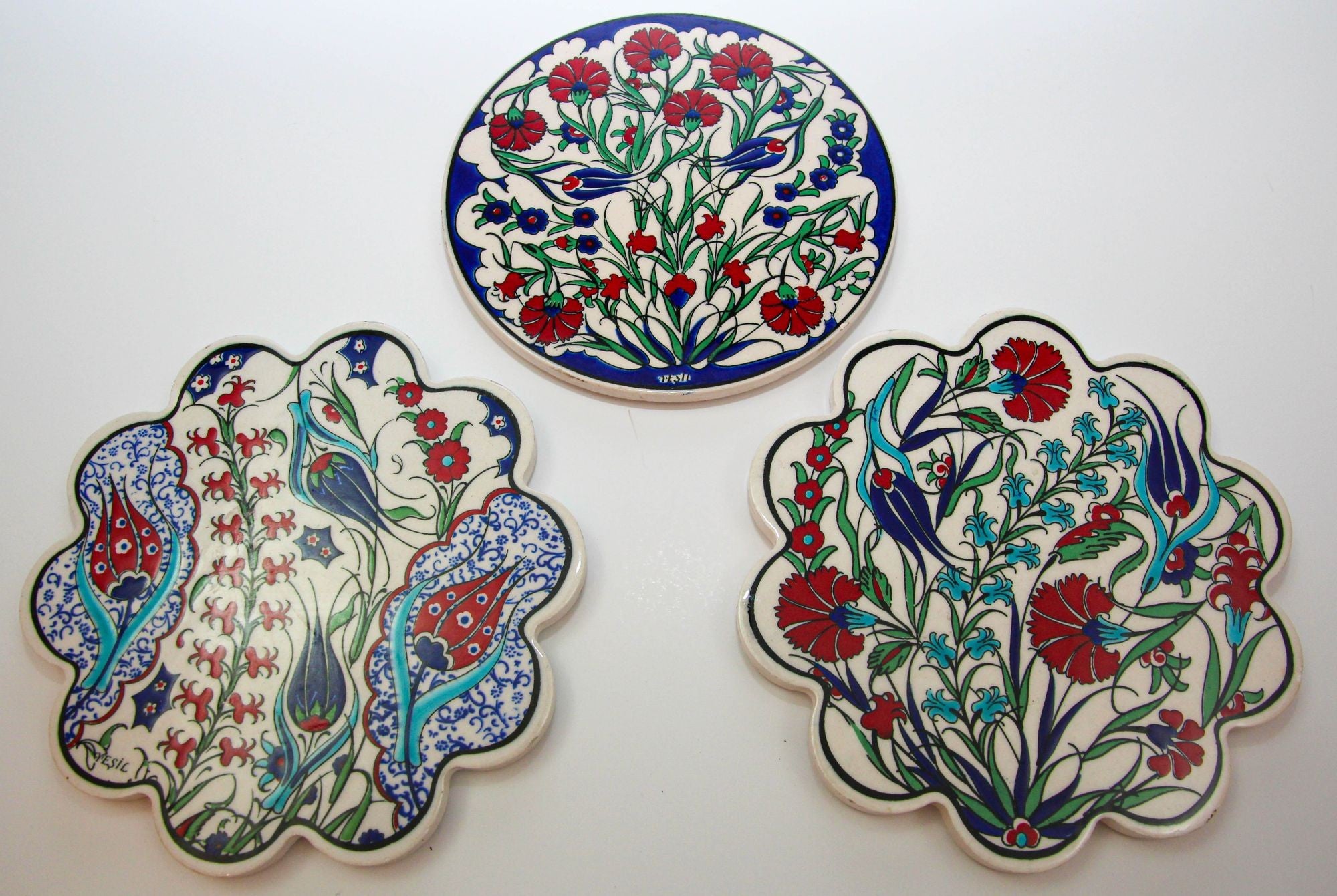 Turkish Iznik Style Ceramic Tiles Set of 3