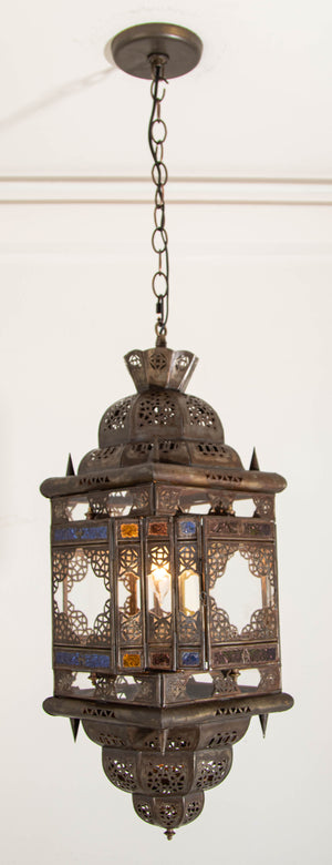 Vintage Moroccan Hanging Lantern Clear and Multicolor Glass Made in Marrakech
