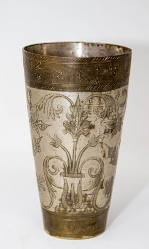 Antique Engraved Metal Silvered Beaker or Vase from India 1940s
