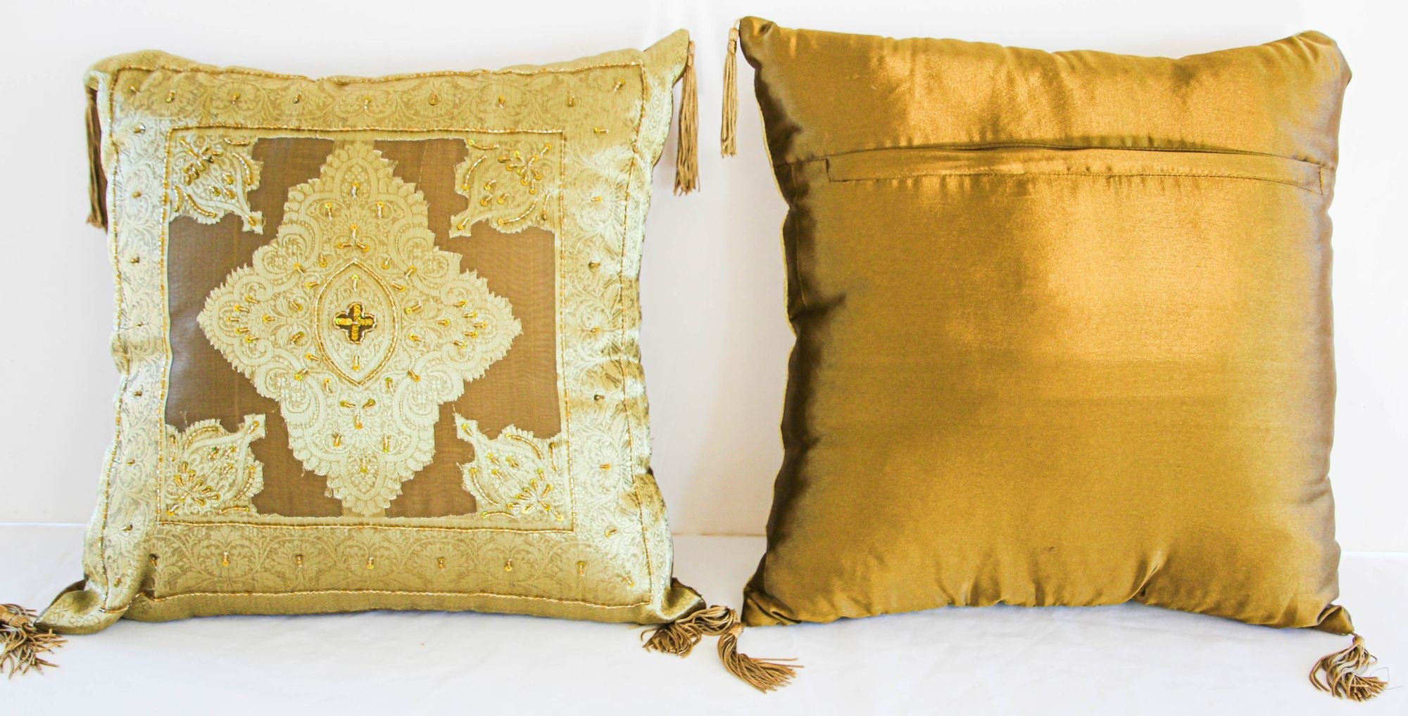 Gold Moorish throw Pillows Embellished with Sequins and Beads a Pair