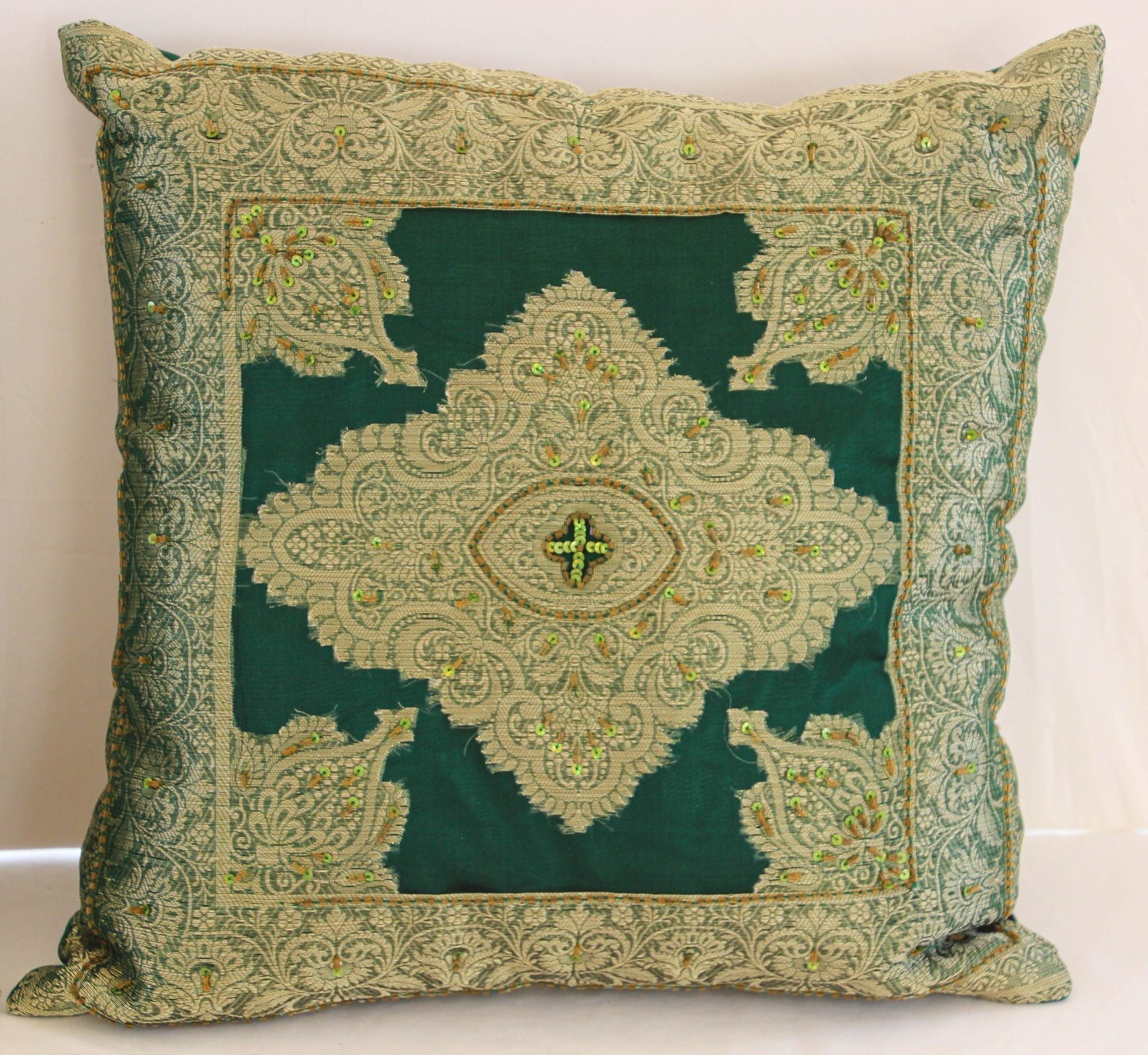 Emerald Green Moorish Throw Pillows Embellished with Sequins and Beads a Pair