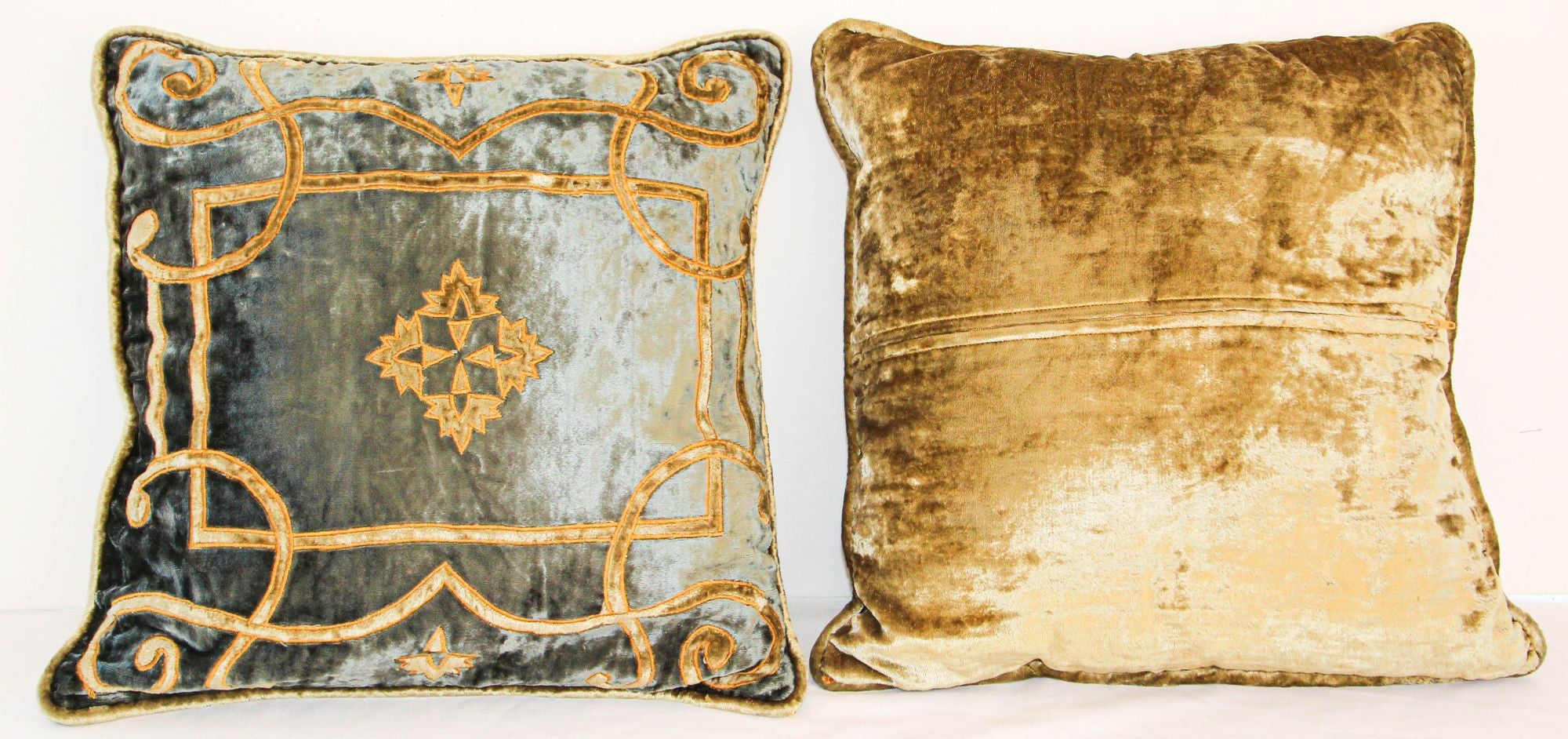 Baroque Venetian Style, Blue and Gold Velvet Pillow, Elaborate Applique Work