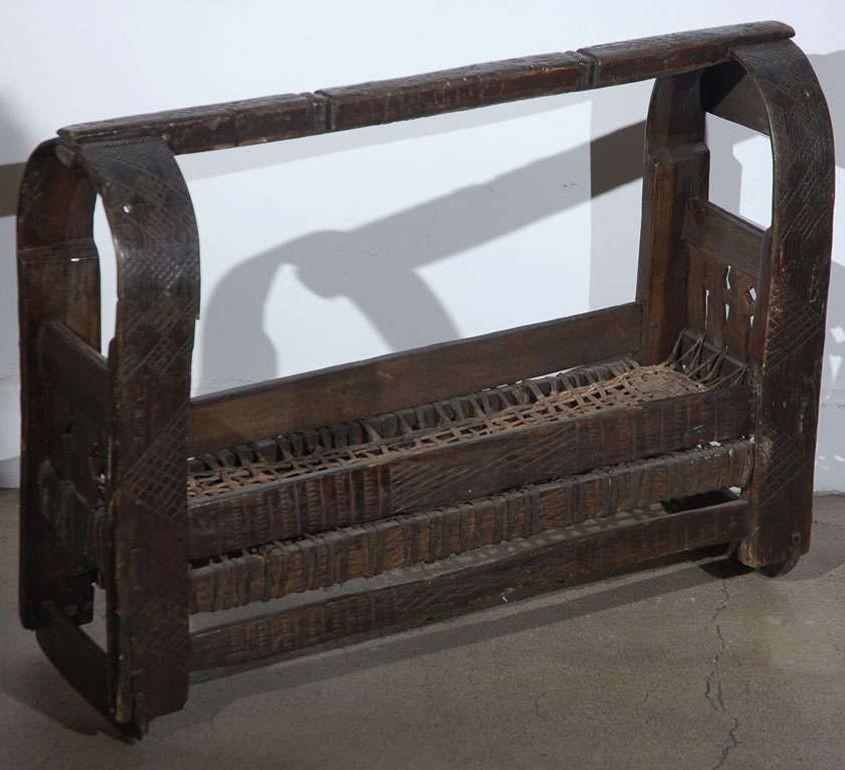 Antique Indian Tribal Carved-Wood Infant Cradle with Woven Bed, circa 1900 — additional view 3