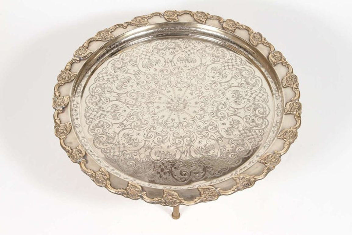 Antique Moroccan Silver-Plated Tea Tray Table on Removable Legs Fez, circa 1920