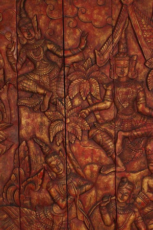 Antique Monumental Asian Hand-Carved Wooden Decorative Mural Panel 8ft