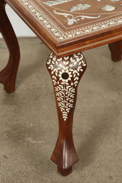 Anglo Indian Mughal Teak Inlaid Side Table, Handcrafted, India, 1950s