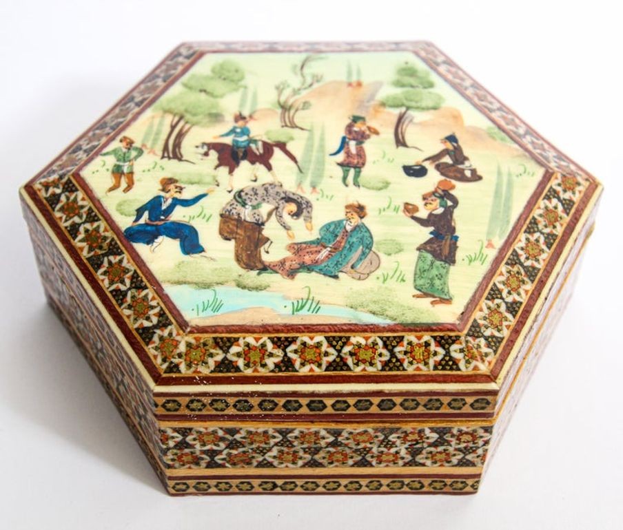 Khatam Persian Micro Mosaic Marquetry Inlaid Jewelry Trinket Box 1950's