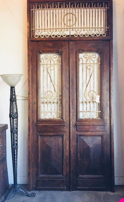 Antique French Painted Double Entry Doors with Transom Wood and Wrought Iron — France