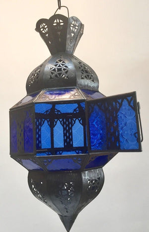 Handcrafted Moroccan Metal and Blue Glass Lantern, Octagonal Shape