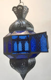 Handcrafted Moroccan Metal and Blue Glass Lantern, Octagonal Shape