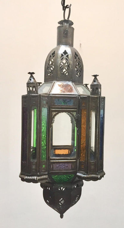 Moroccan Handcrafted Moorish Pendant Lantern with Multi-Color Glass