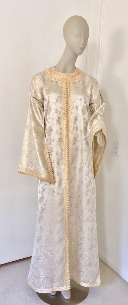 Vintage Moroccan Kaftan White and Gold Metallic Floral Brocade Caftan 1970's