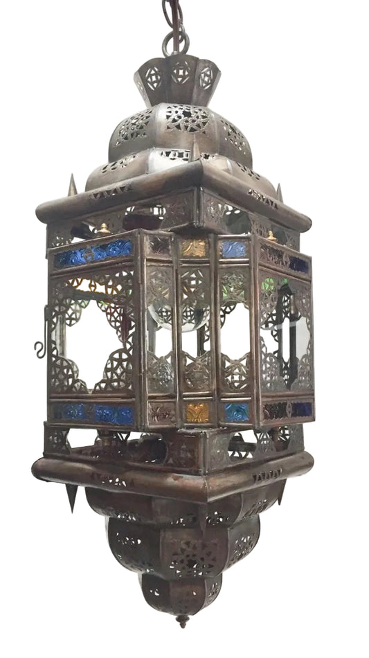 Moroccan Hall Lantern Light Fixture with Multi-Color Glass Moorish Style