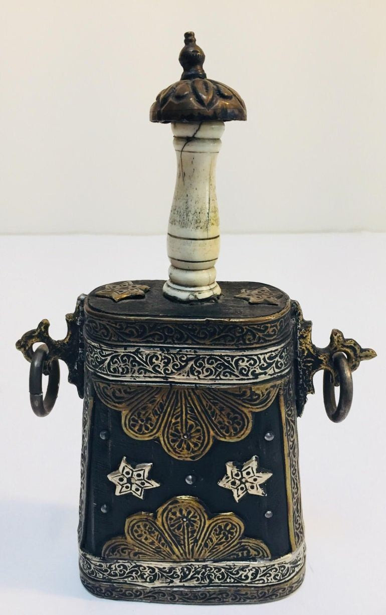 Antique Moroccan Berber Case Flask, Hand-Carved Wood & Brass, 1920s