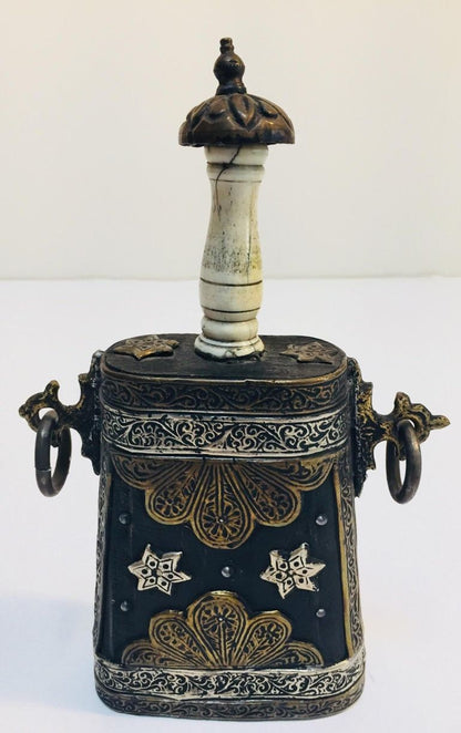 Antique Moroccan Berber Case Flask, Hand-Carved Wood & Brass, 1920s