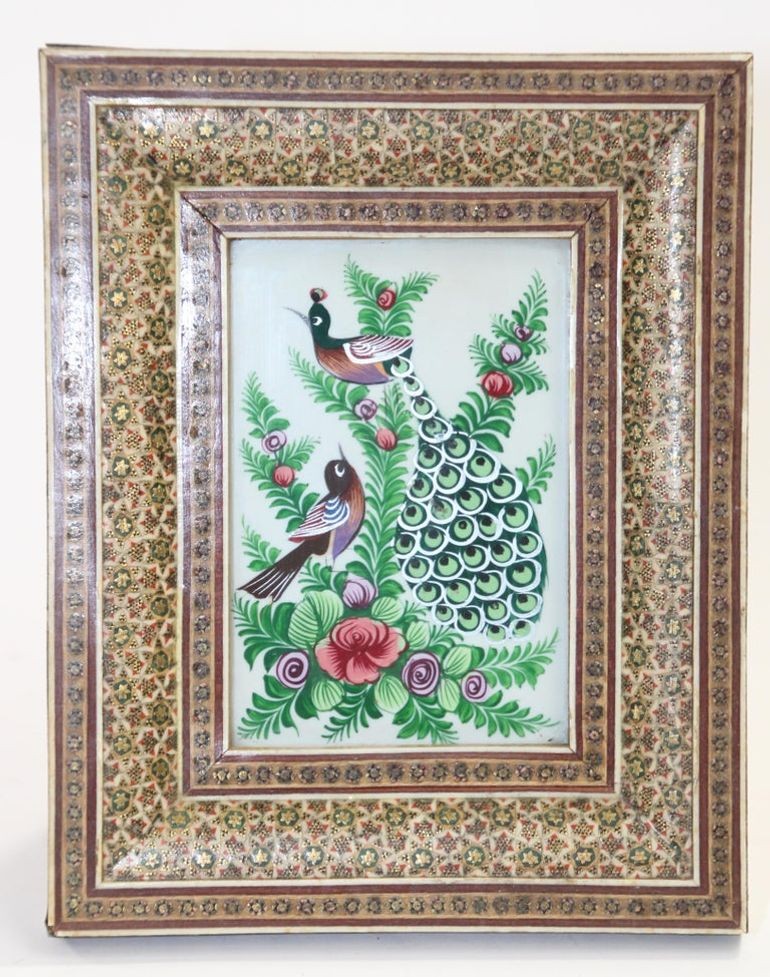 Middle Eastern Miniature Painting of Peacocks in Mosaic Frame