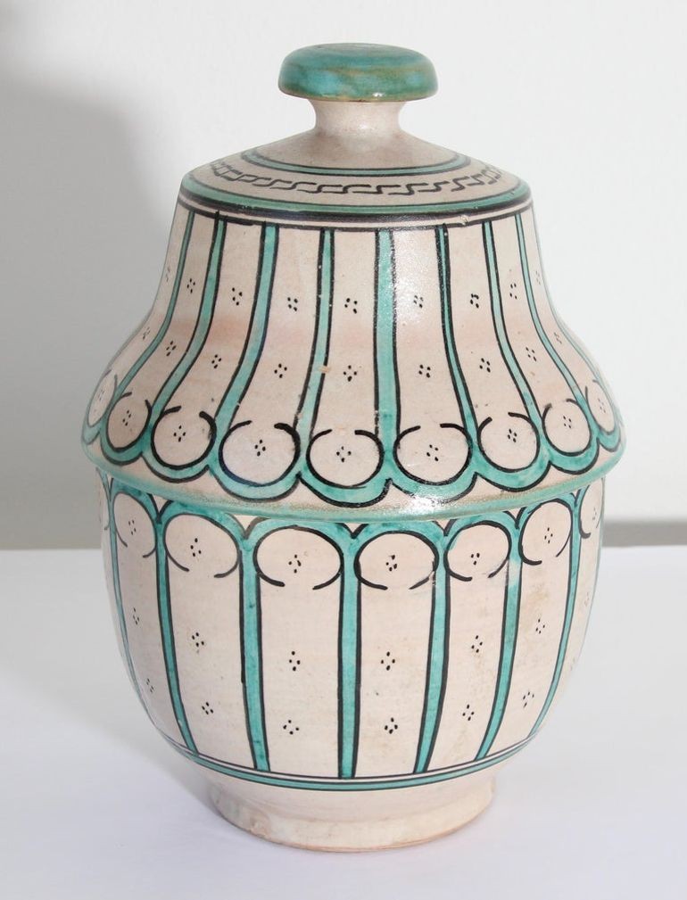 Moroccan Ceramic Glazed Covered Urn Handcrafted in Fez Morocco