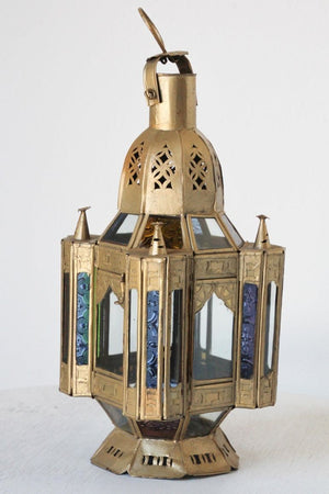 Moroccan Candle Lantern in Moorish Gilt Metal and Glass