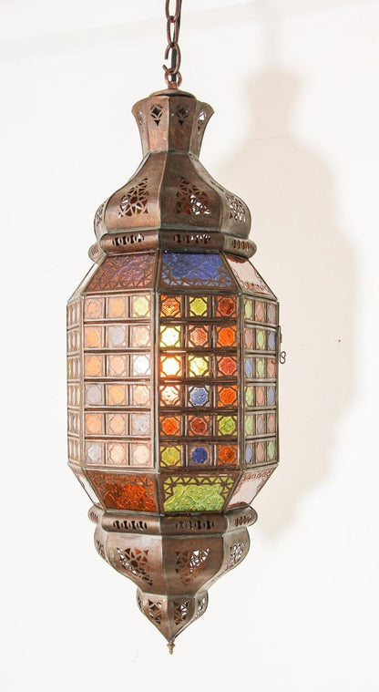Moroccan Hanging Glass Lantern Moorish Metal Light Fixture with Stained Glass