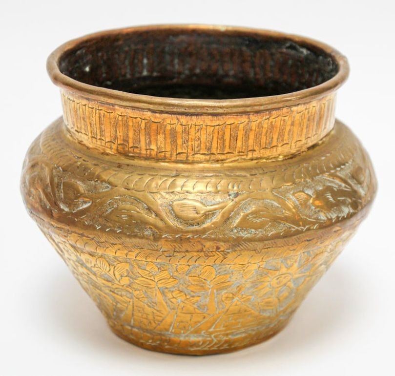 Middle Eastern Islamic Brass Bowl with Egyptian Scene