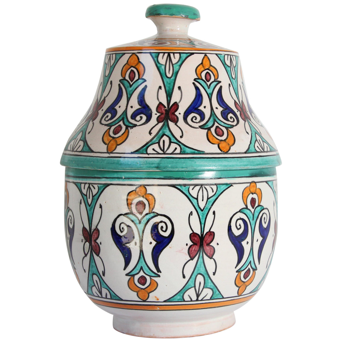 Glazed Moorish Ceramic Covered Jar Handcrafted in Fez Morocco — main image