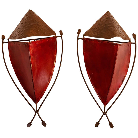 African Tribal Art Mask Parchment Wall Shade Sconces in Red
