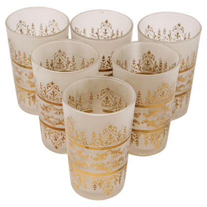 Six frosted glass tumblers with ornate gold damask patterns, arranged on a plain white background.