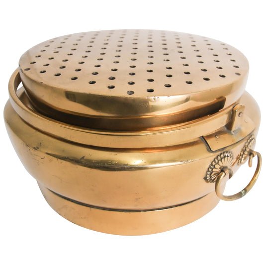 Antique Brass Chinese Brazier, Perforated Lid, Warmth for Hands, 1950 — main image