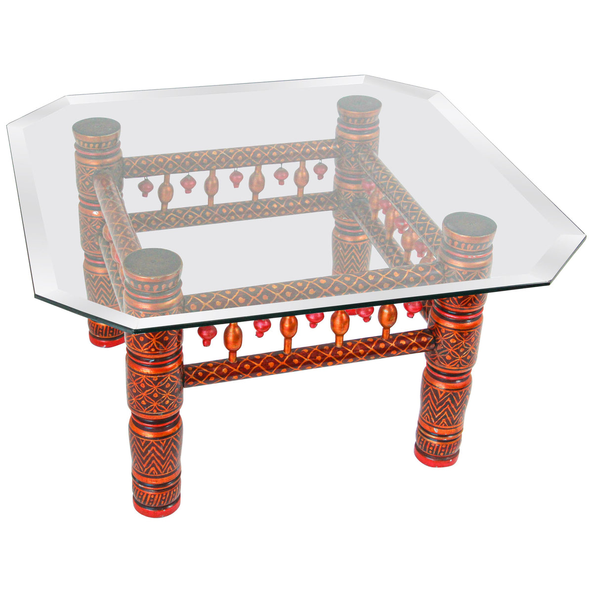 Rajasthani Hand-Painted Coffee Table, Glass Top, Vintage India, 1950 — India
