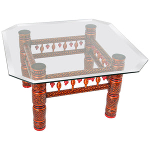 Rajasthani Hand-Painted Coffee Table, Glass Top, Vintage India, 1950