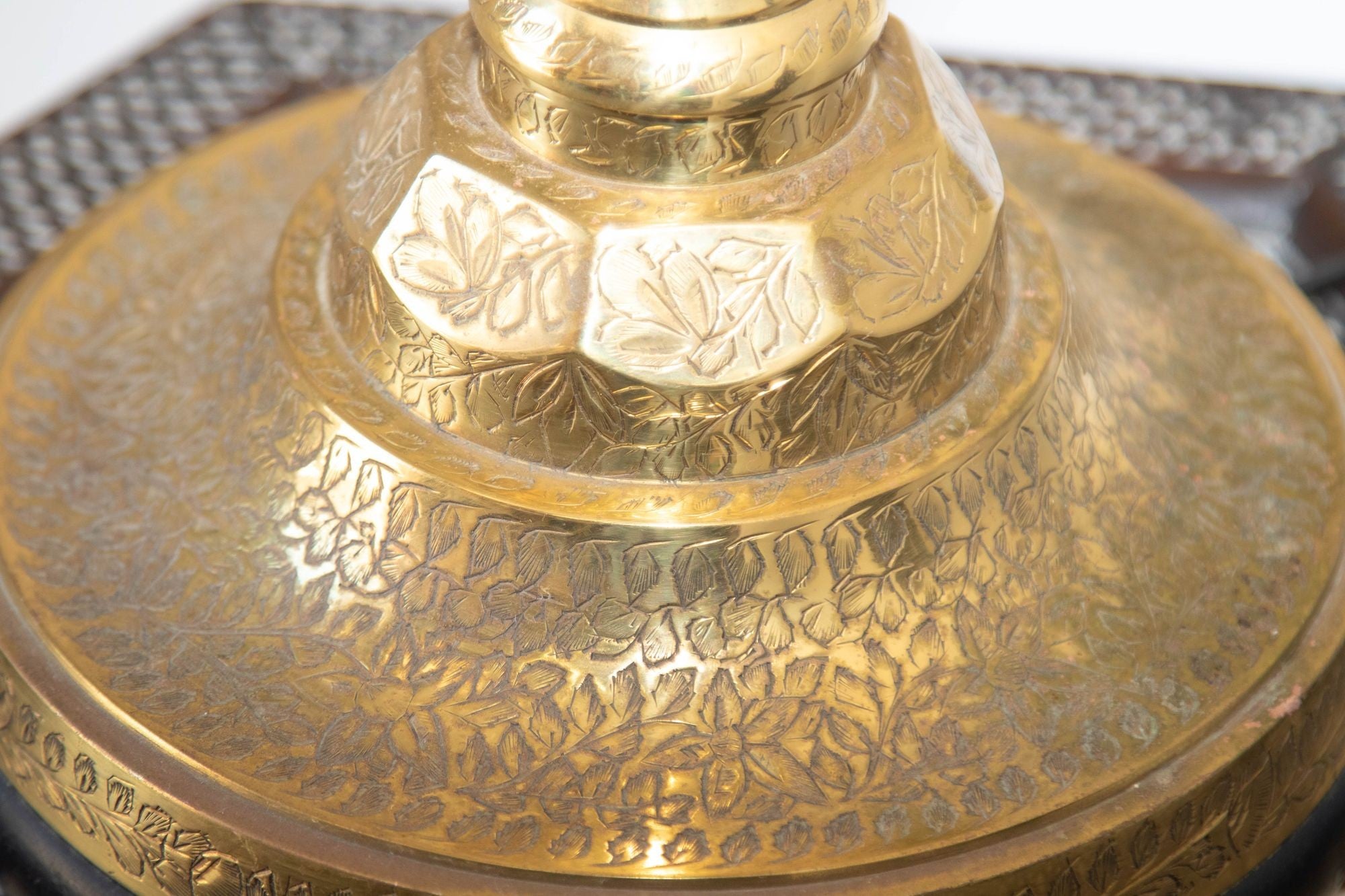 Vintage Polished Etched Solid Brass Candle Holder Table Lamp India