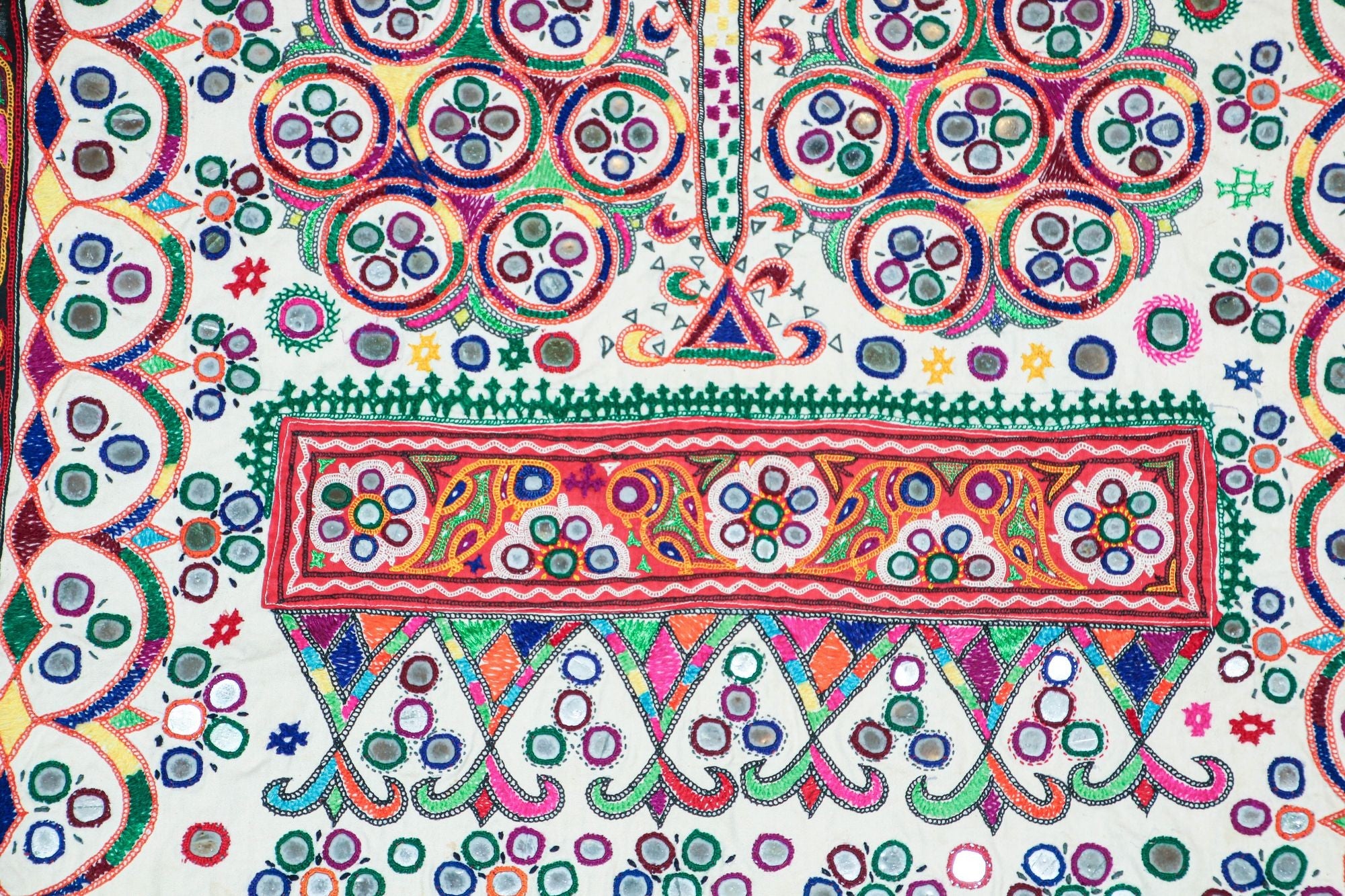 1920's Indian Gujarati Rabari Kutch Silk Embroidered Ethnic Textile with Mirror