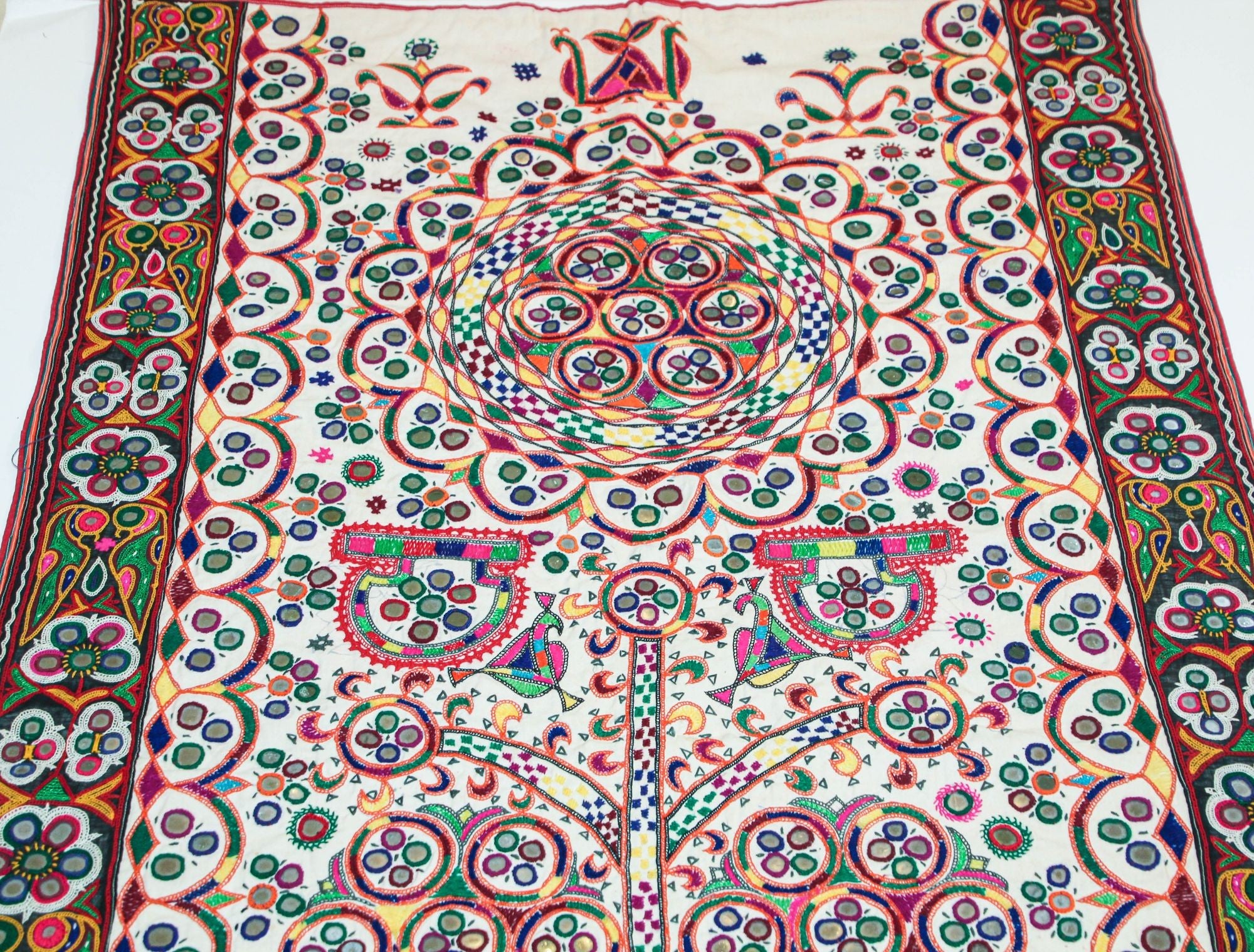 1920's Indian Gujarati Rabari Kutch Silk Embroidered Ethnic Textile with Mirror