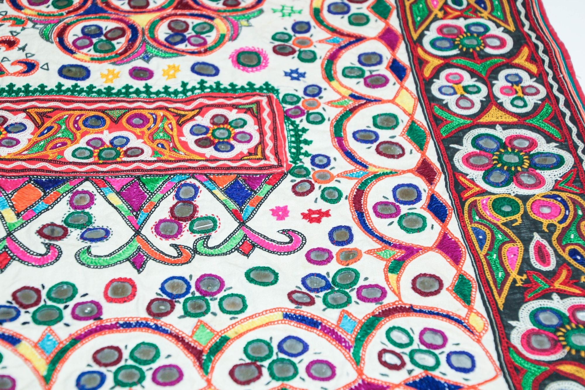 1920's Indian Gujarati Rabari Kutch Silk Embroidered Ethnic Textile with Mirror