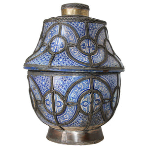 Large Moroccan Blue and White Ceramic Footed Lidded Jar from Fez