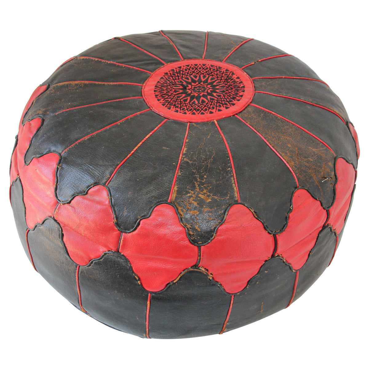 Vintage Moroccan Leather Pouf Hand Tooled, 1970s Red and Black — main image