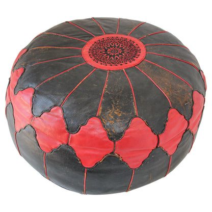 Vintage Moroccan Leather Pouf Hand Tooled, 1970s Red and Black — main image