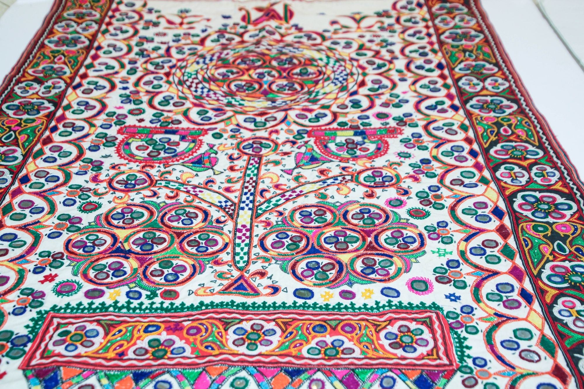 1920's Indian Gujarati Rabari Kutch Silk Embroidered Ethnic Textile with Mirror