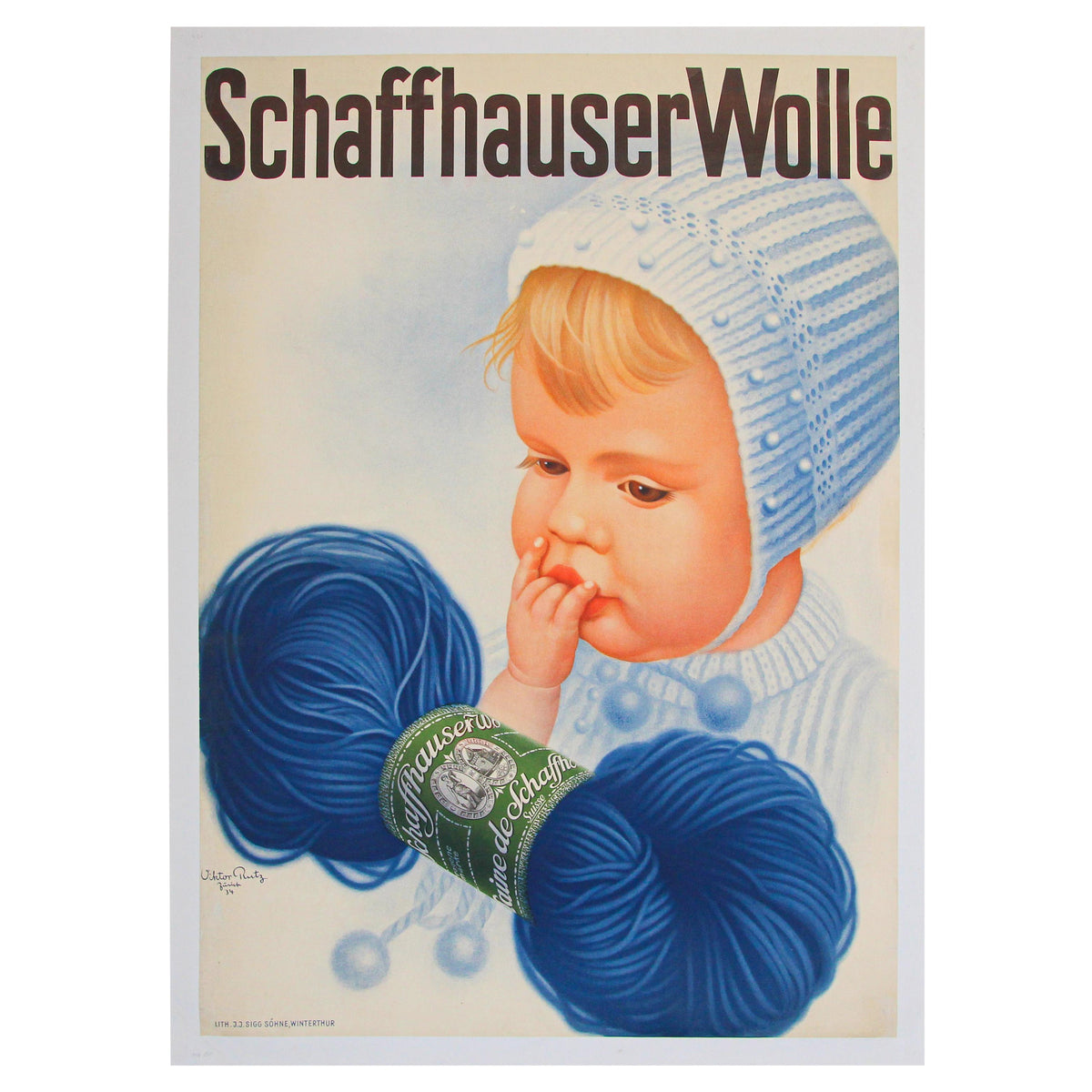 Swiss Schaffhauser Wolle Wool Yarn Knitting 1934 Baby Blue Vintage Poster — main image