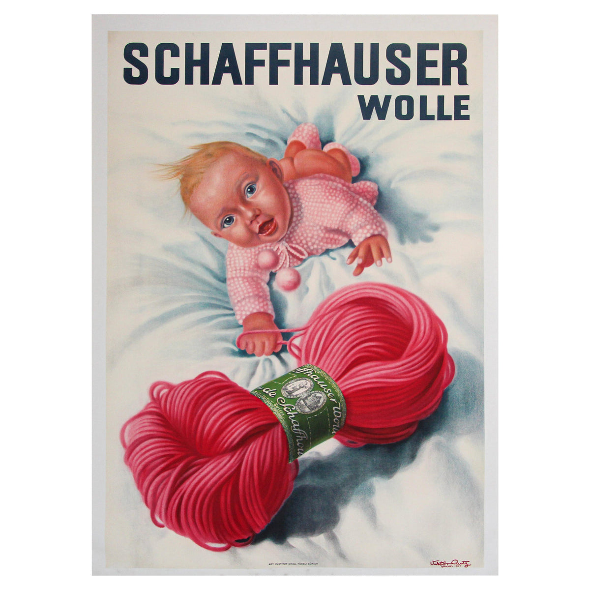 Vintage Poster Swiss Schaffhauser Wolle Wool Yarn Knitting 1935 Baby in Pink — main image