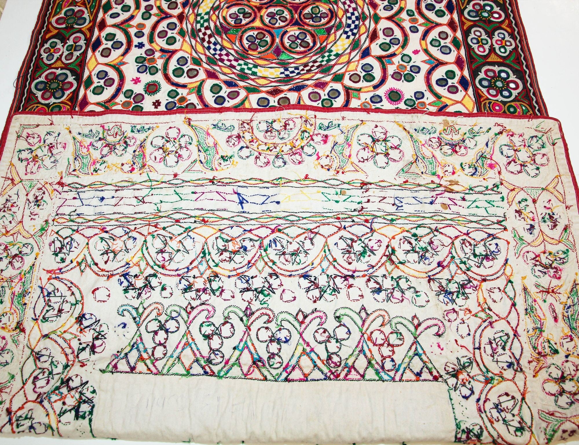 1920's Indian Gujarati Rabari Kutch Silk Embroidered Ethnic Textile with Mirror