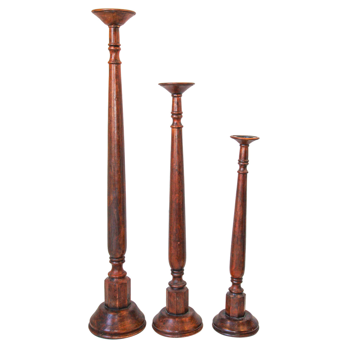 Oversized Hand Carved Wood Floor Pillar Holder Set of Three India — main image