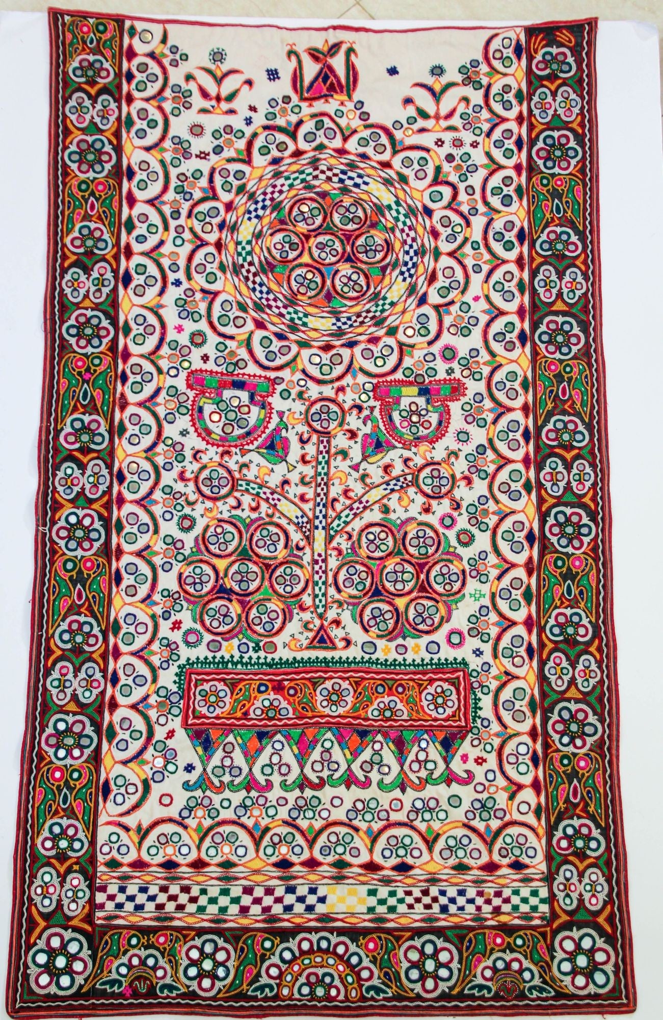 1920's Indian Gujarati Rabari Kutch Silk Embroidered Ethnic Textile with Mirror