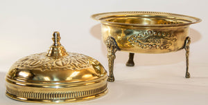 1940s Antique Round Moroccan Brass Serving Dish with Dome Lid and Paw Lion Feet.